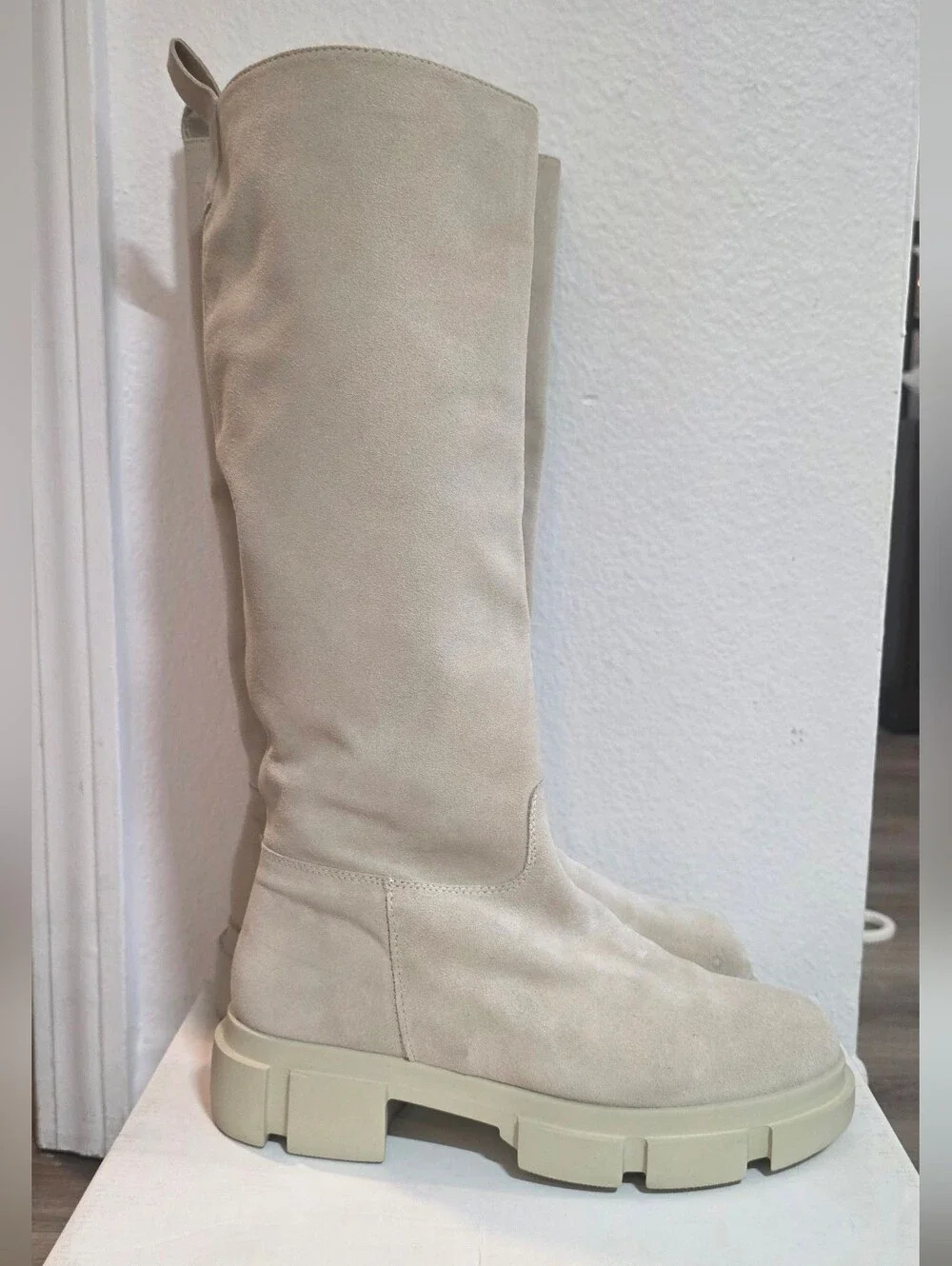 Womens Suede Cream Knee-High Boot